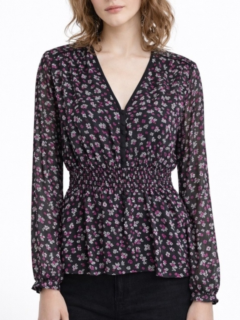 The Kooples Viscose Black Floral V-Neck Smocked-Waist Blouse Top NWT $275